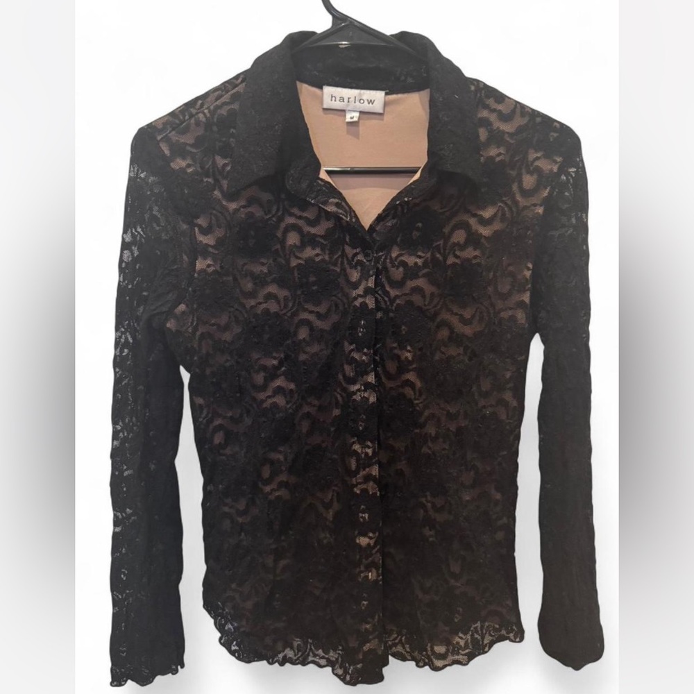 Harlow Black Lace Button Up Blouse with Nude Underlay
